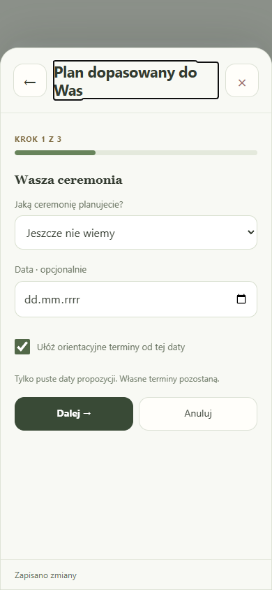 Rzeczywisty ekran przygotowań w Wedds